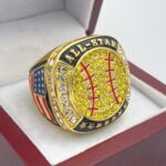 ALL-STAR SOFTBALL RING --- GOLD BODY, YELLOW STONES ON THE BALL, CLEAR STONE (Item #33-149)