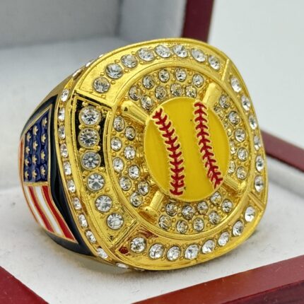 SOFTBALL PARTICIPATION RING --- GOLD BODY, PAINTED BALL WITH BATS (Item #21-34)