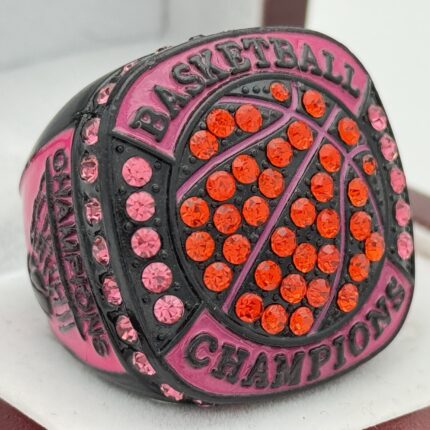 BASKETBALL CHAMPION RING --- BLACK BODY, PINK STONES (Item #52-12)
