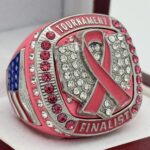 5 STAR DELUXE CANCER RIBBON HOME PLATE FINALIST RING --- PINK BODY, CLEAR/PINK STONES, SILVER INSERTS, SOFTBALL/BASEBALL (Item #34-101)