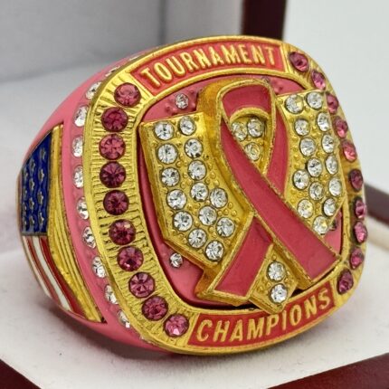 5 STAR DELUXE CANCER RIBBON HOME PLATE CHAMPION RING --- PINK BODY, CLEAR/PINK STONES, GOLD INSERTS, SOFTBALL/BASEBALL (Item #34-104)