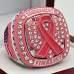 5 STAR DELUXE CANCER RIBBON HOME PLATE FINALIST RING --- WHITE BODY, CLEAR/PINK STONES, PINK INSERTS, SOFTBALL/BASEBALL (Item #34-109)