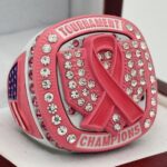 5 STAR DELUXE CANCER RIBBON HOME PLATE CHAMPION RING --- WHITE BODY, CLEAR/PINK STONES, PINK INSERTS, SOFTBALL/BASEBALL (Item #34-112)