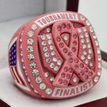 CANCER RIBBON HOME PLATE FINALIST RING --- PINK BODY, CLEAR STONES, WHITE SIDES, SOFTBALL/BASEBALL (Item #34-113)