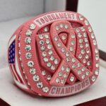 CANCER RIBBON HOME PLATE CHAMPION RING --- PINK BODY, CLEAR STONES, WHITE SIDES, SOFTBALL/BASEBALL (Item #34-116)