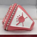 CANCER RIBBON HOME PLATE CHAMPION RING --- PINK BODY, CLEAR STONES, WHITE SIDES, SOFTBALL/BASEBALL (Item #34-116) - Image 2